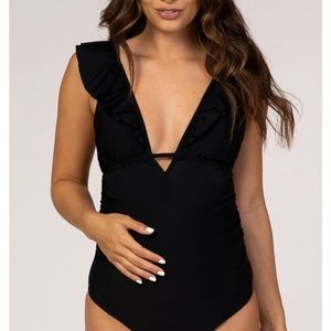 PinkBlush Black Ruffle Tie Maternity One-Piece Swimsuit